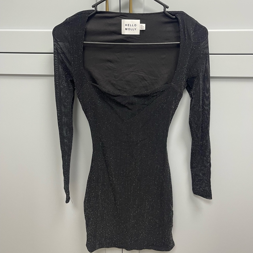 Hello Molly Black Shimmer Long Sleeve Open Back Mini Dress Size XS